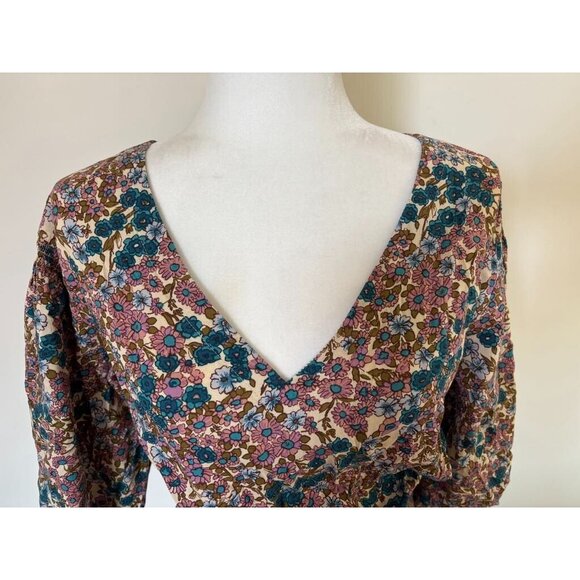 ANTHROPOLOGIE MAEVE Odette Smocked Blouse Size Small Floral 3/4 Sleeve V-Neck - Picture 3 of 10